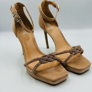 Vince Camuto Klaresia SZ 7 Tan Suede High Heel Embellished Dress Sandal Party